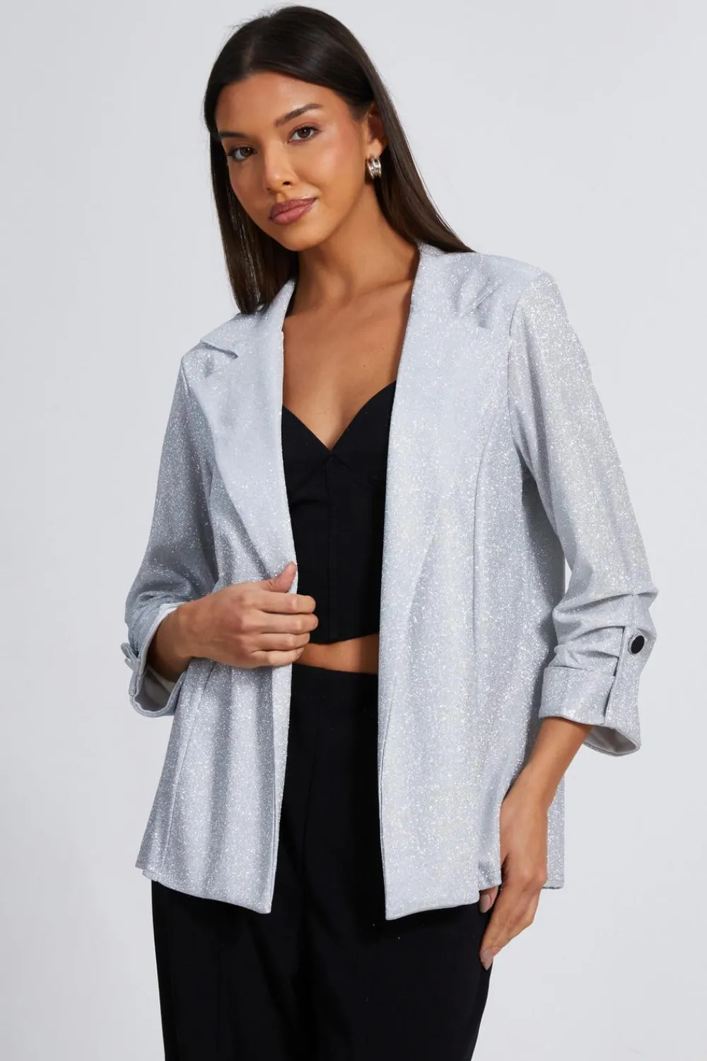 Quiz Jackets & Coats|Casual Clothing>Silver Ruched Sleeve Blazer