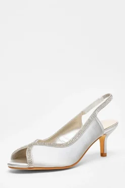 Quiz Occasion Shoes|Heels>Satin Diamante Low Heeled Slingback Heels
