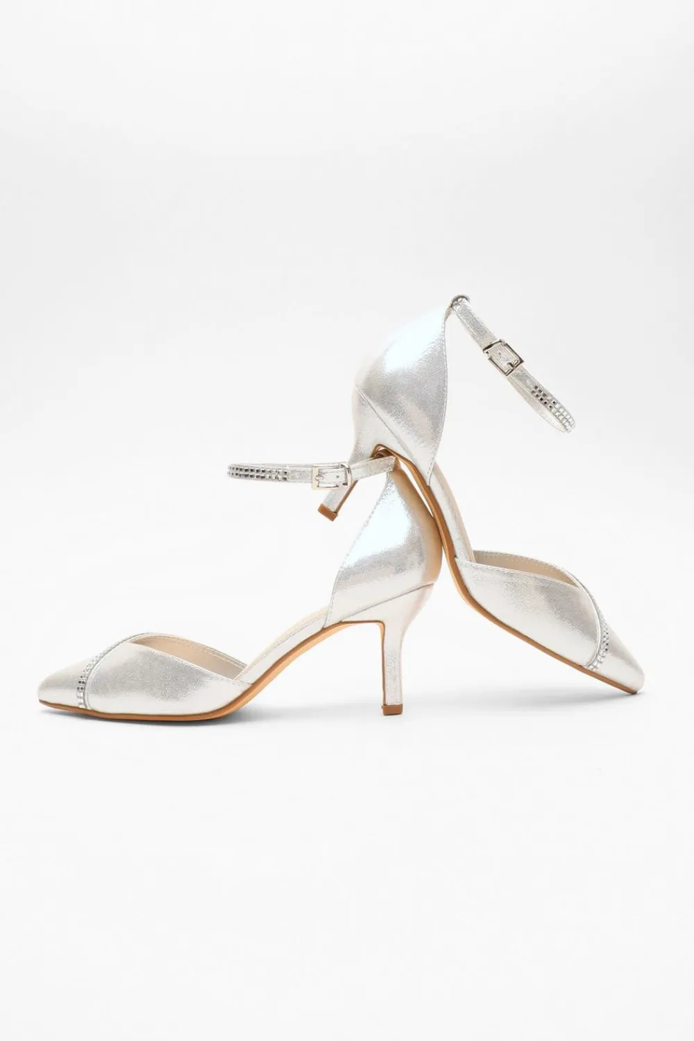 Quiz Shoe & Bag Sets>Silver Shimmer Diamante Trim Court Heels