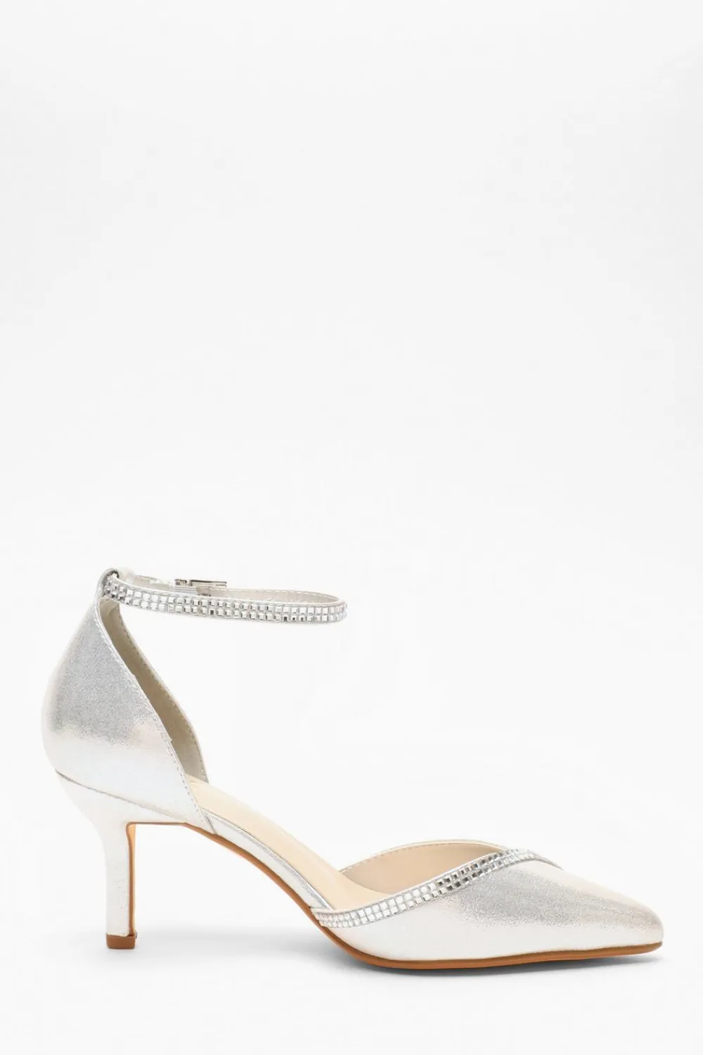 Quiz Shoe & Bag Sets>Silver Shimmer Diamante Trim Court Heels