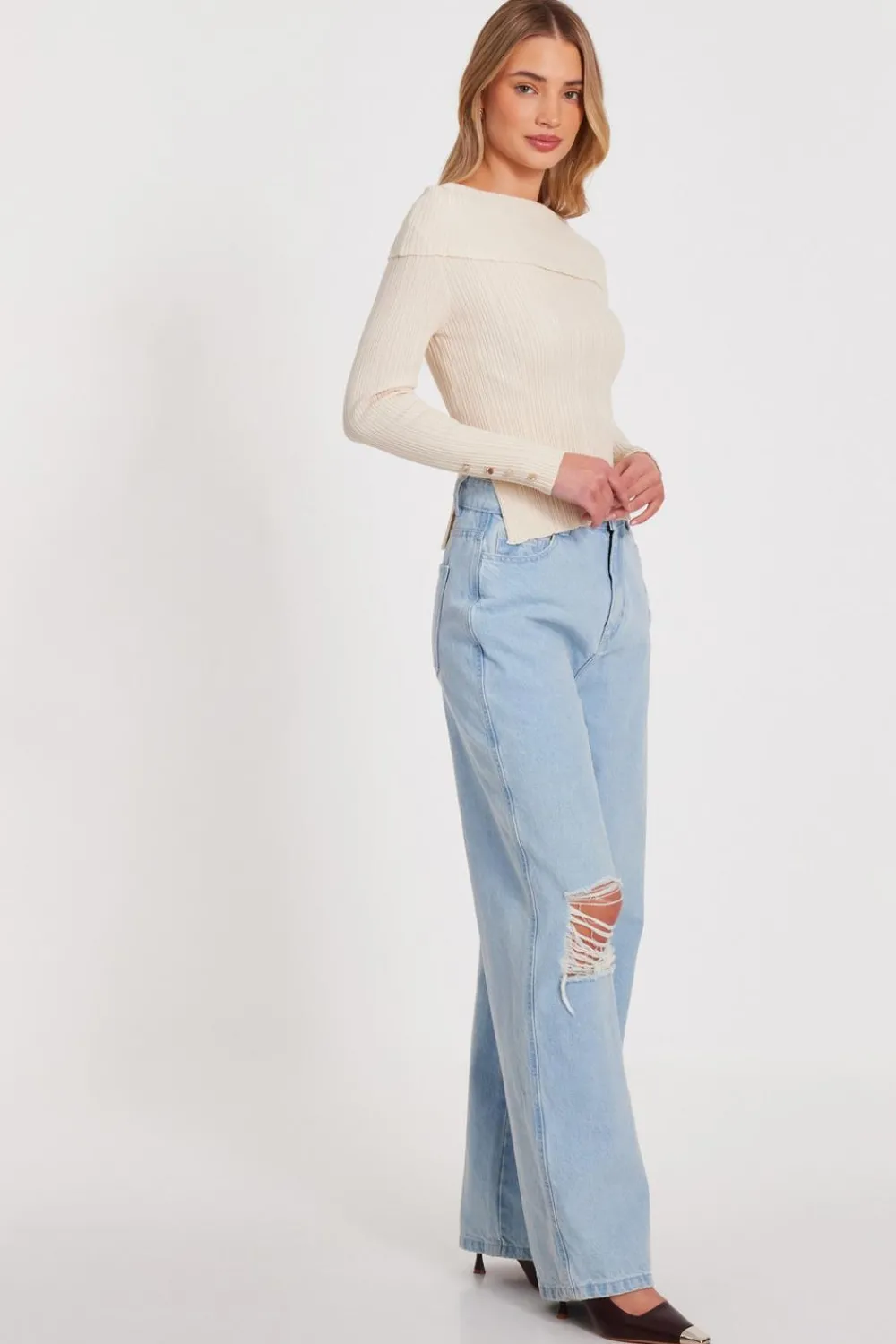 Quiz Going Out Tops|Bardot Tops>Stone Bardot Knitted Top