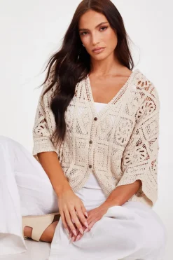 Quiz Summer Tops|Day Tops>Stone Crochet Button Front Cardigan
