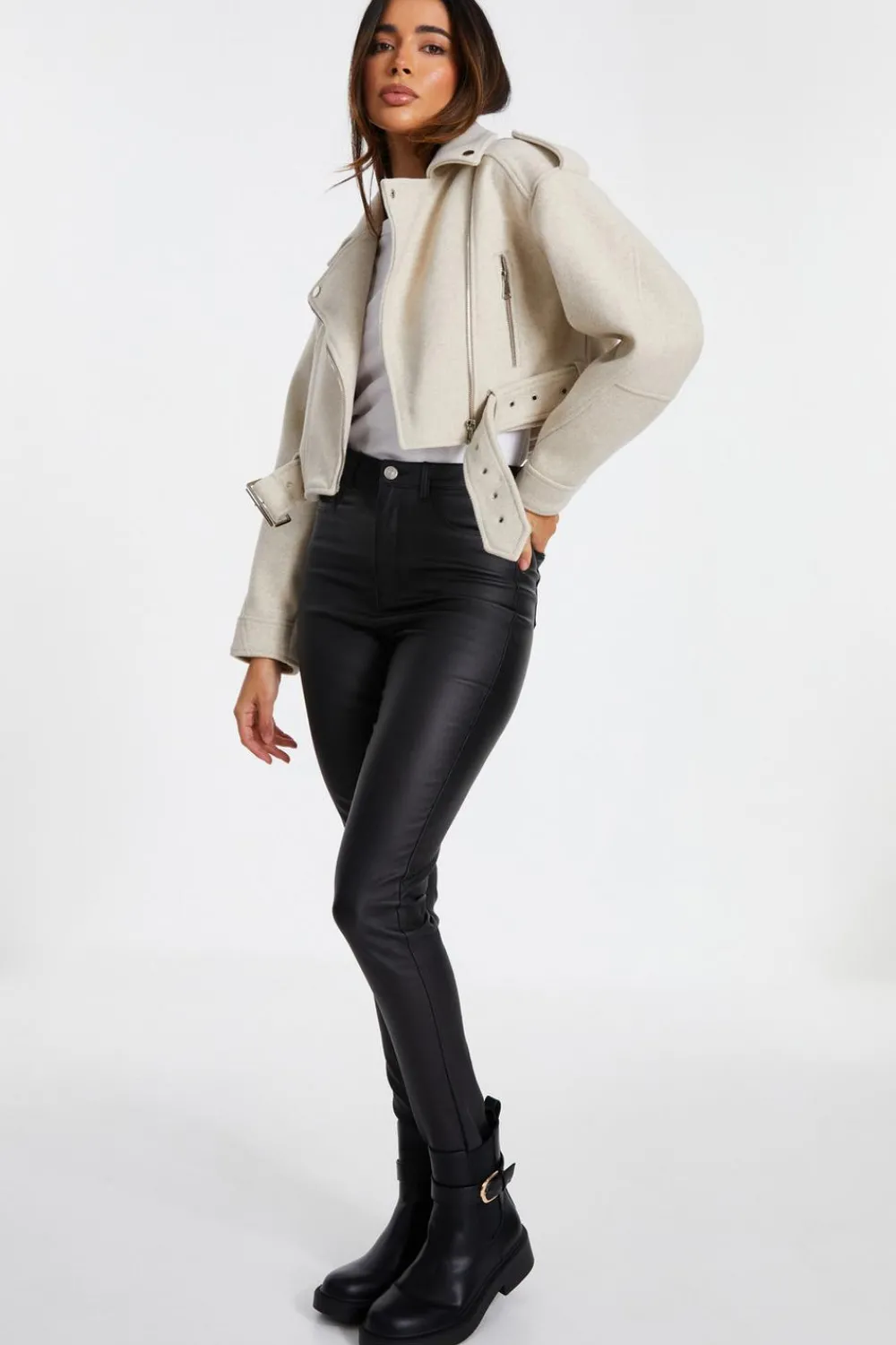 Quiz Modest|Jackets & Coats>Stone Cropped Biker Jacket