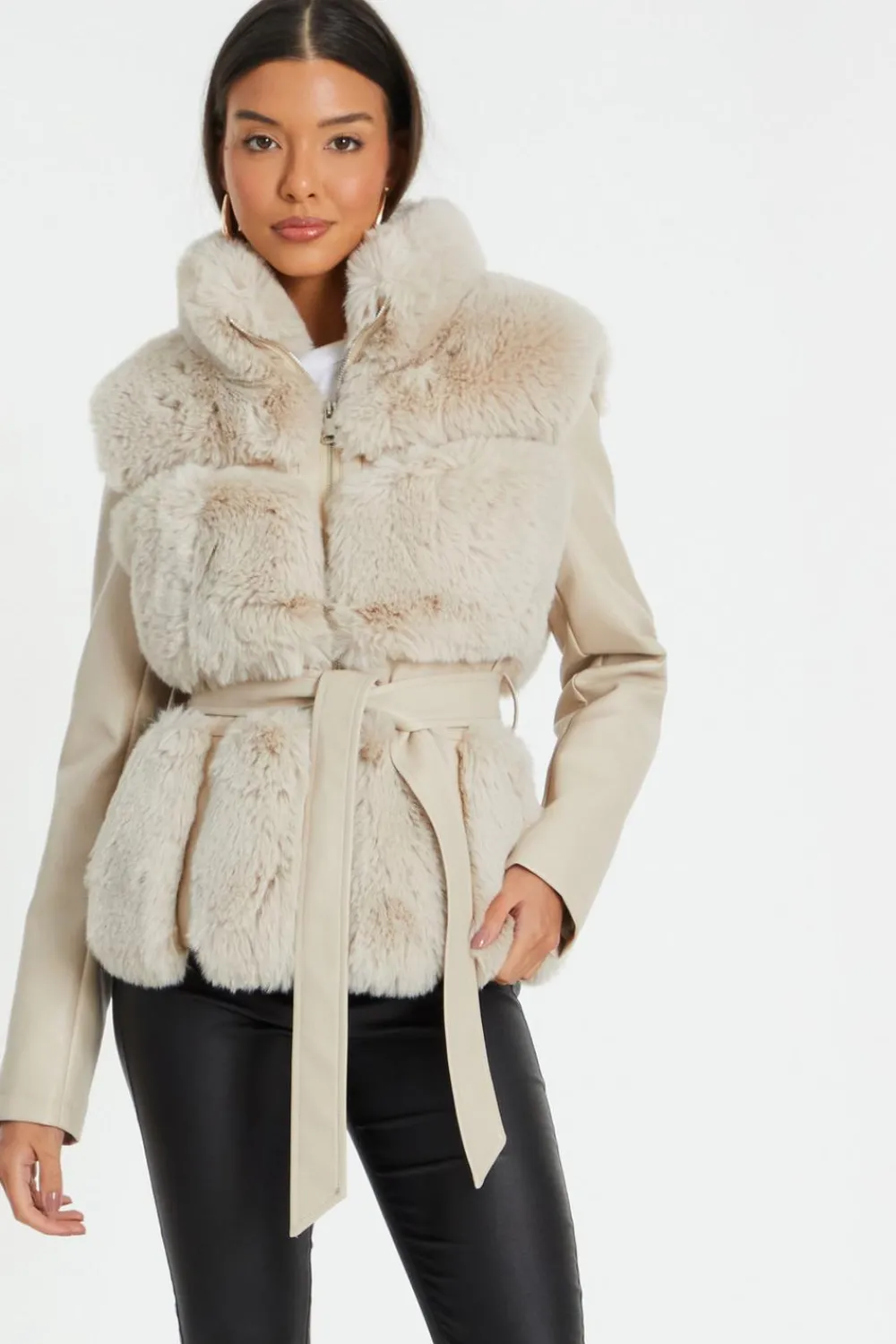 Quiz Jackets & Coats|Casual Clothing>Stone Faux Fur Contrast Belted Jacket