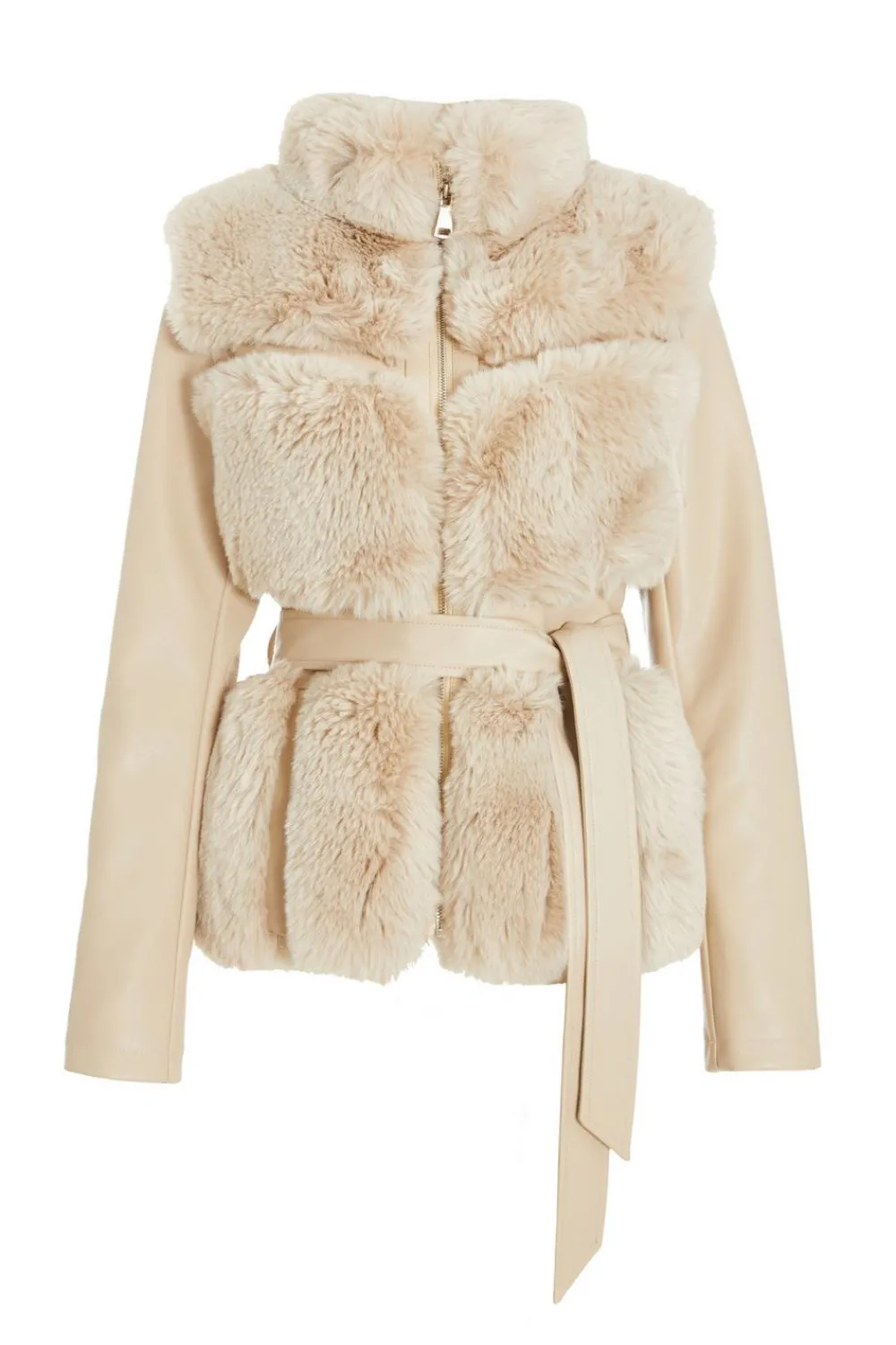 Quiz Jackets & Coats|Casual Clothing>Stone Faux Fur Contrast Belted Jacket