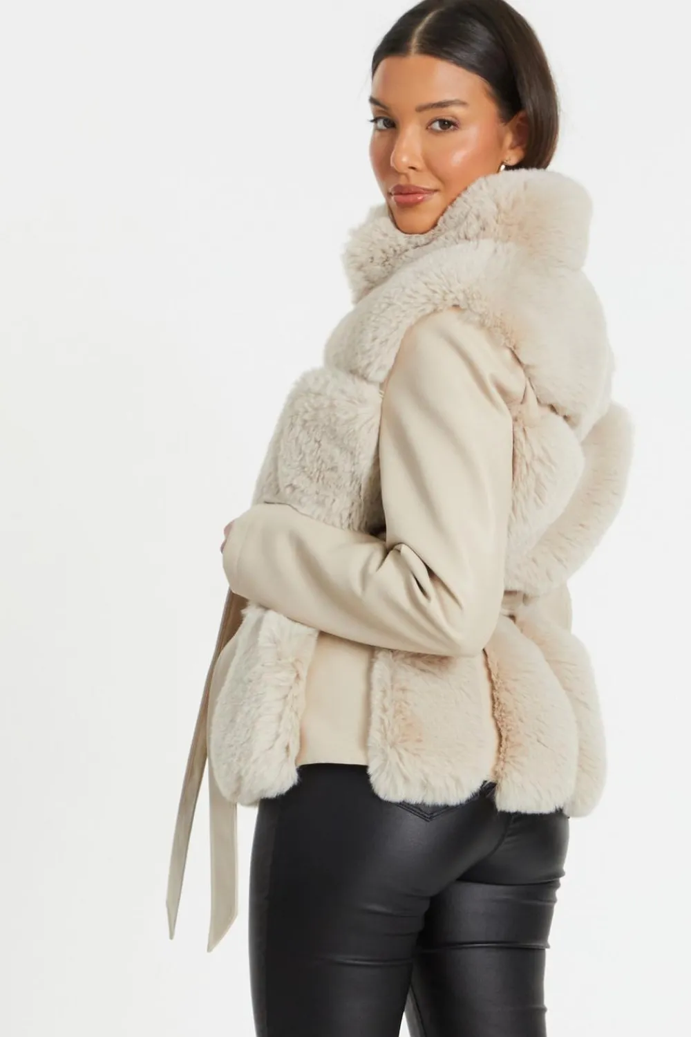 Quiz Jackets & Coats|Casual Clothing>Stone Faux Fur Contrast Belted Jacket