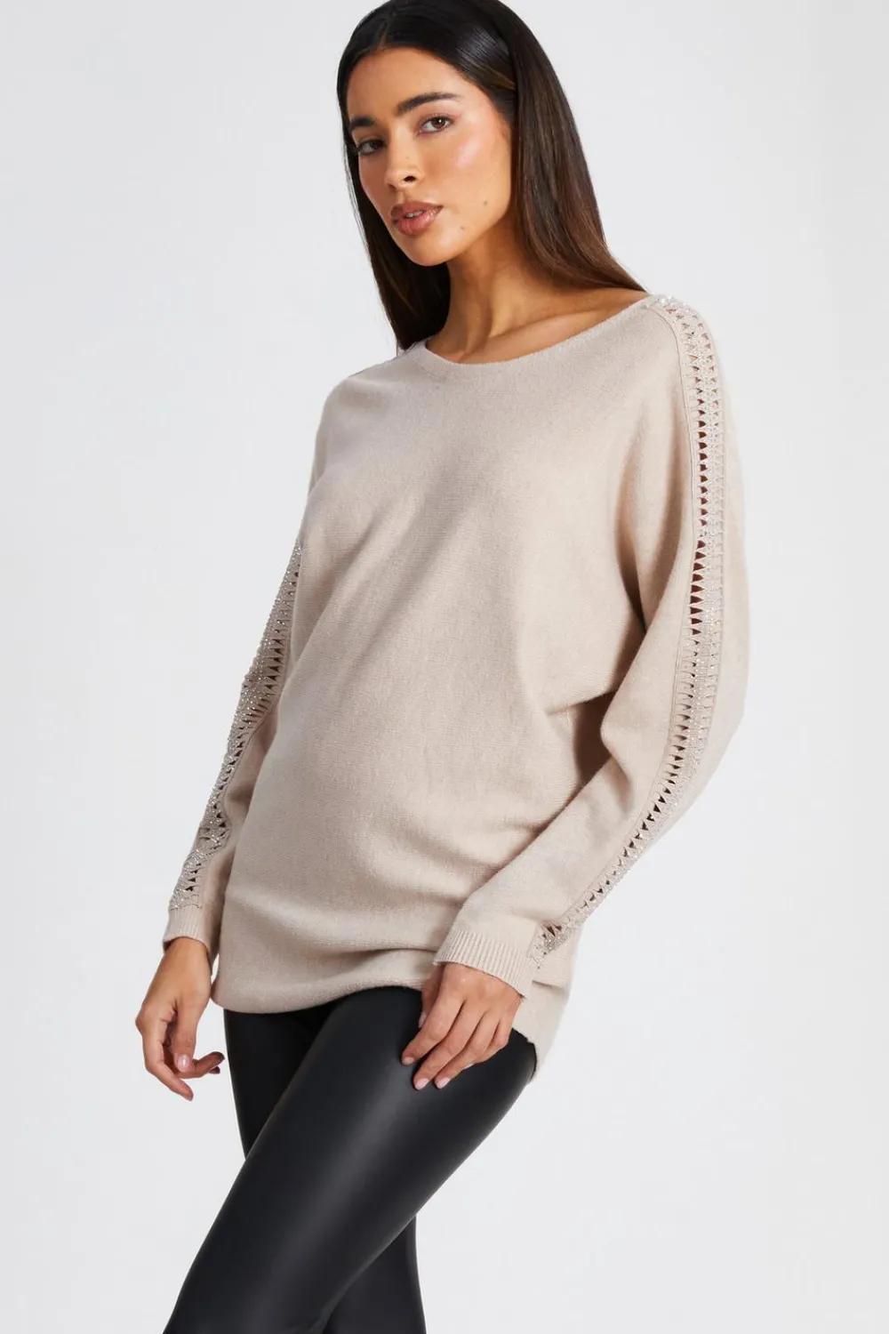 Quiz Knitwear|Jumpers>Knit Diamante Sleeve Jumper