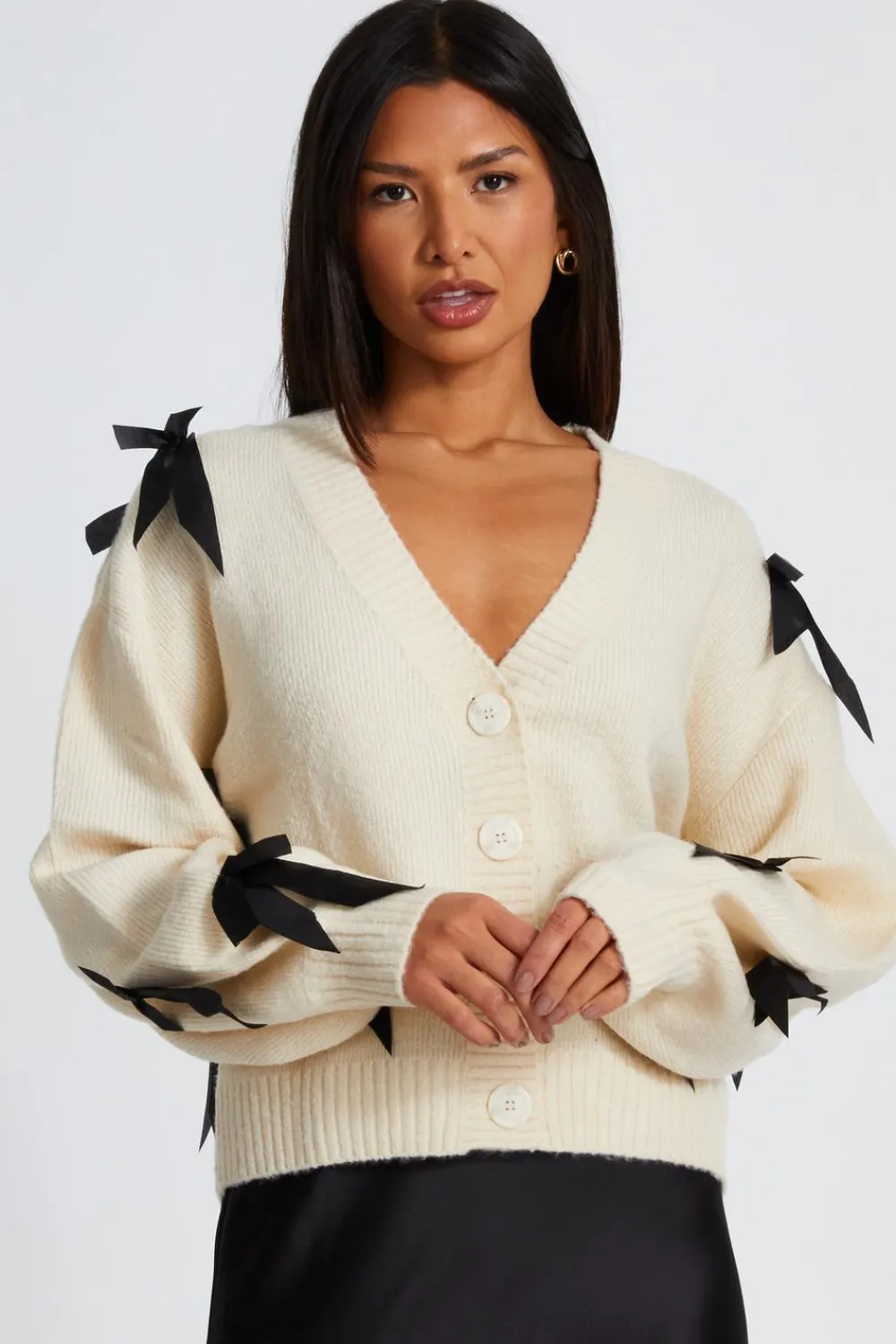 Quiz Tops|Knitwear>Stone Knitted Bow Detail Cardigan
