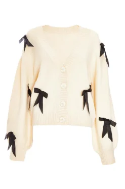 Quiz Tops|Knitwear>Stone Knitted Bow Detail Cardigan