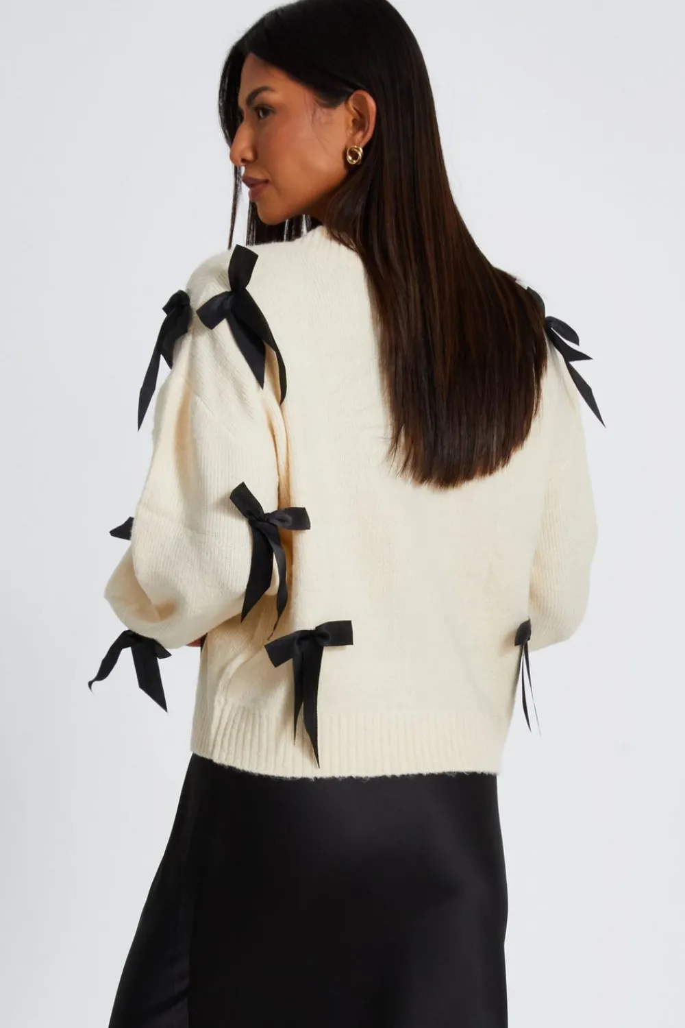 Quiz Tops|Knitwear>Stone Knitted Bow Detail Cardigan