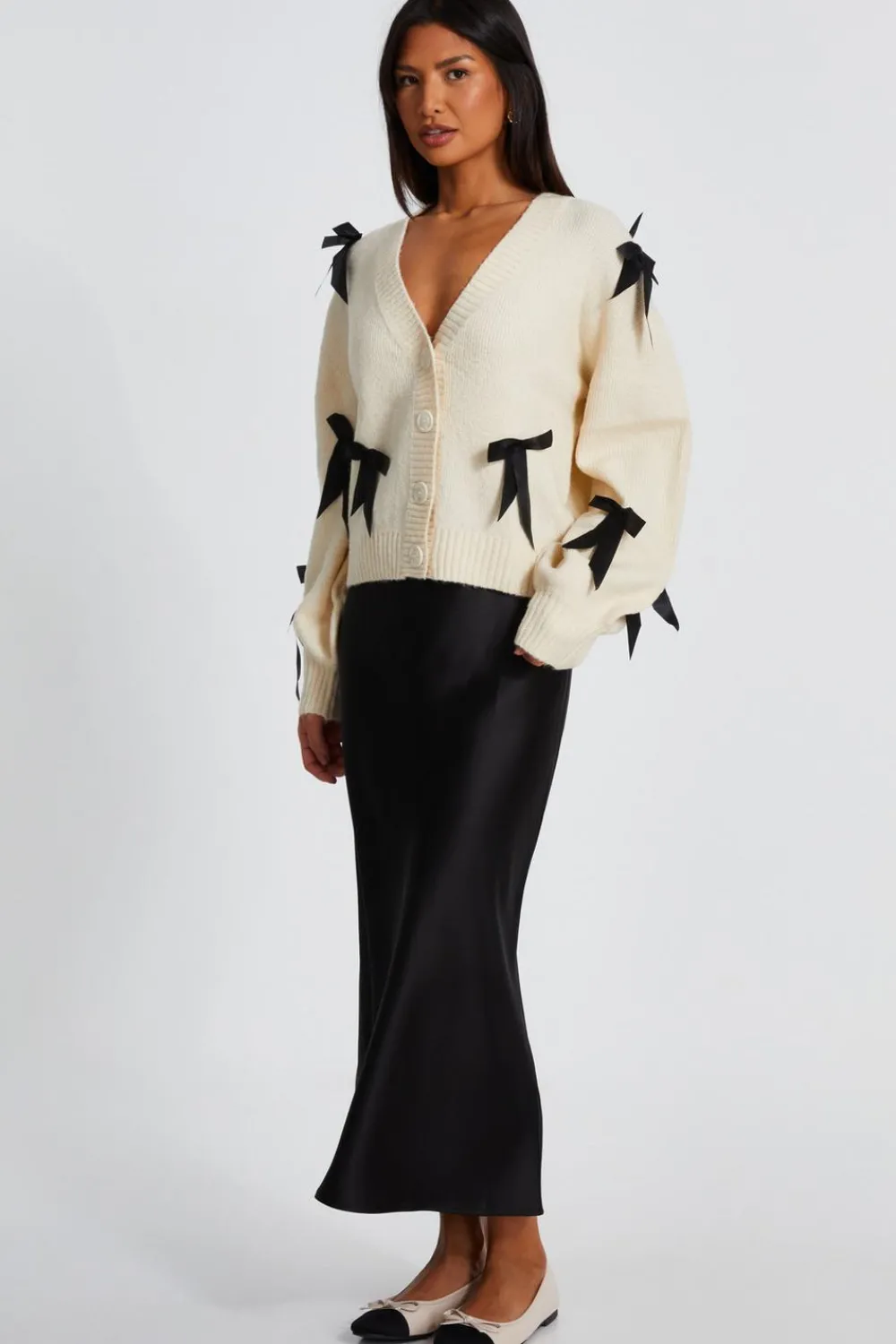Quiz Tops|Knitwear>Stone Knitted Bow Detail Cardigan