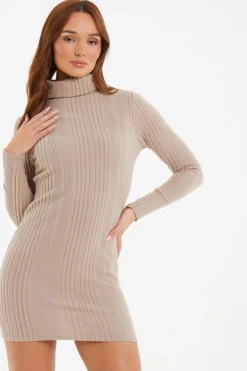 Quiz Knitwear|Mini Dresses>Stone Knitted High Neck Bodycon Mini Dress