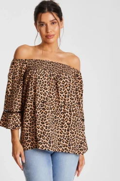 Quiz Bardot Tops|Tops>Stone Leopard Print Bardot Top