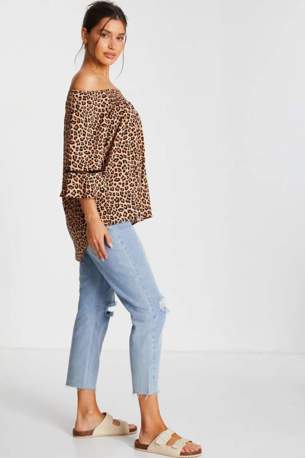 Quiz Bardot Tops|Tops>Stone Leopard Print Bardot Top