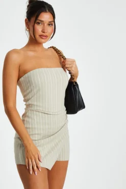 Quiz Playsuits|Playsuits>Stone Pinstripe Bandeau Skort Playsuit