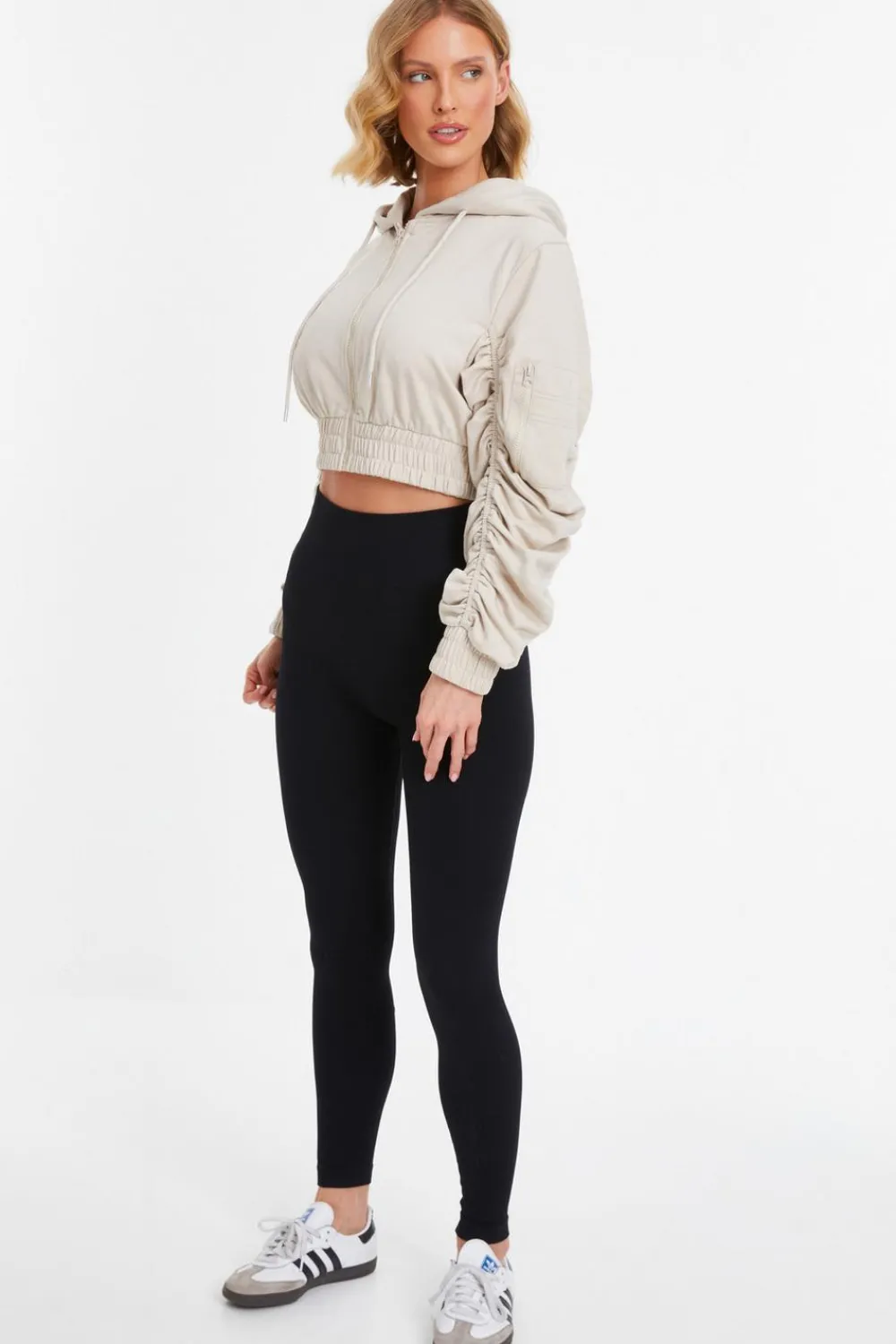 Quiz Everyday Essentials|Co-Ords>Ruched Sleeve Cropped Hoodie