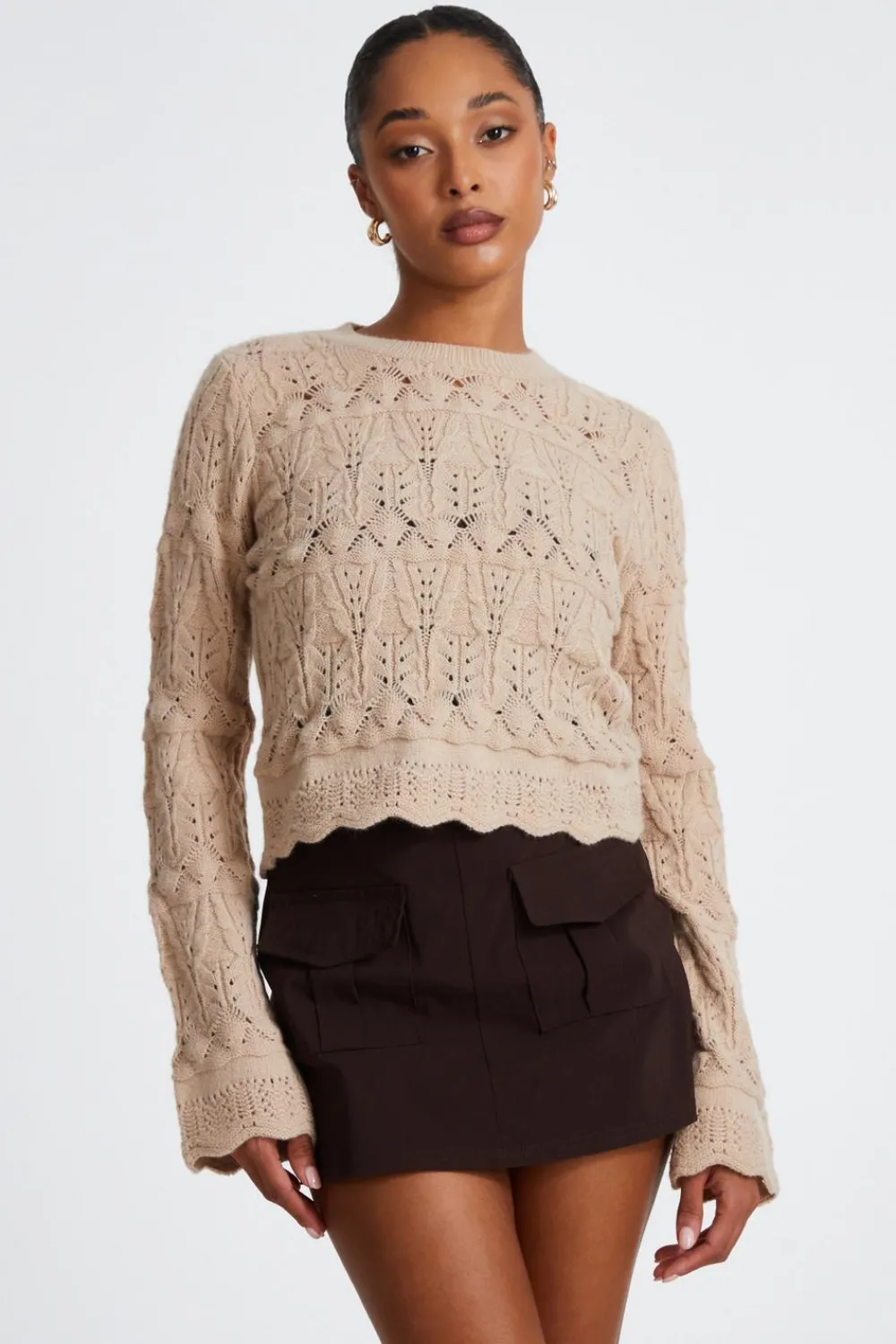 Quiz Knitwear|Casual Clothing>Stone Scalloped Knit Jumper