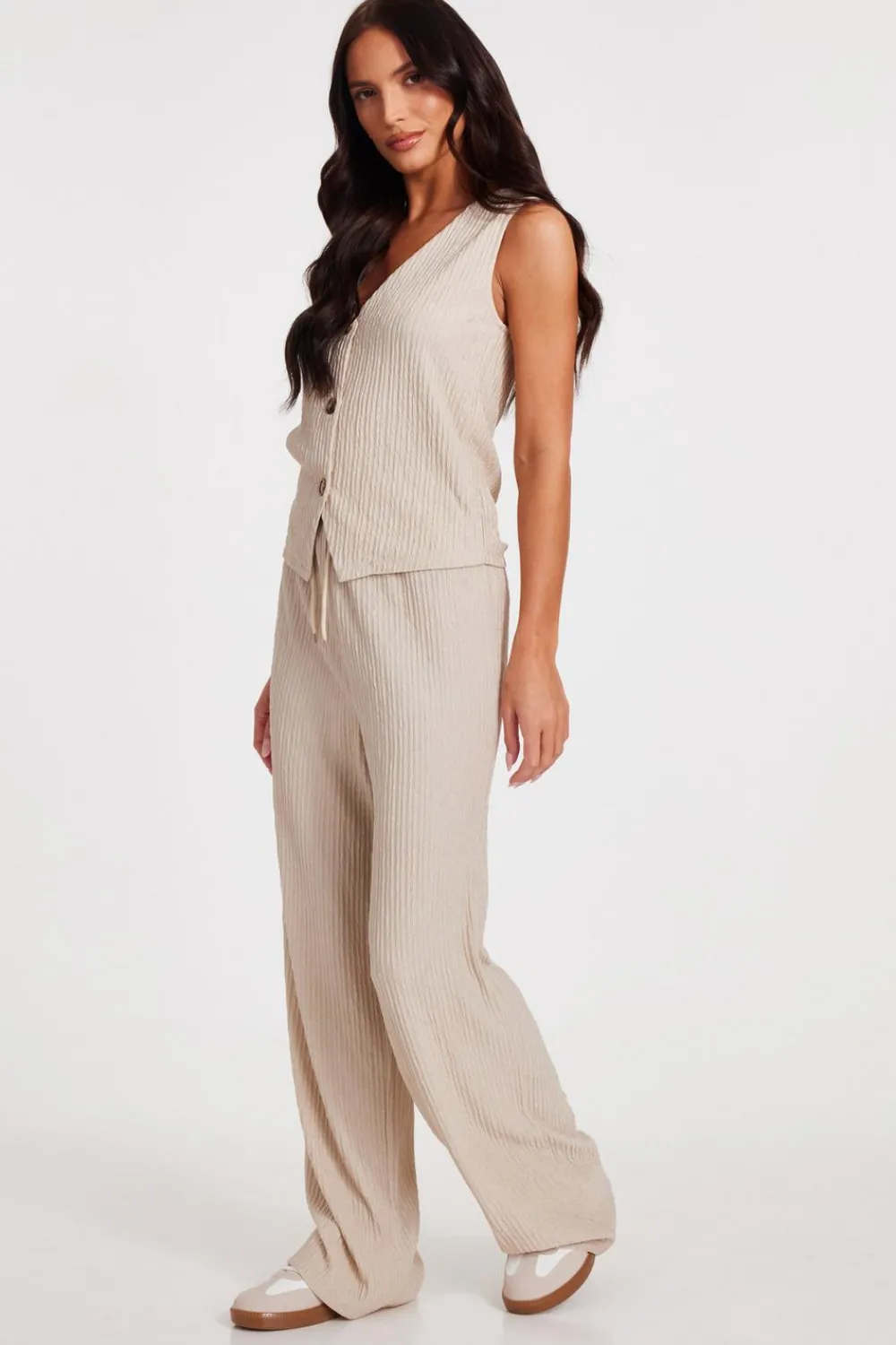 Quiz Waistcoat|Day Tops>Stone V Neck Textured Waistcoat