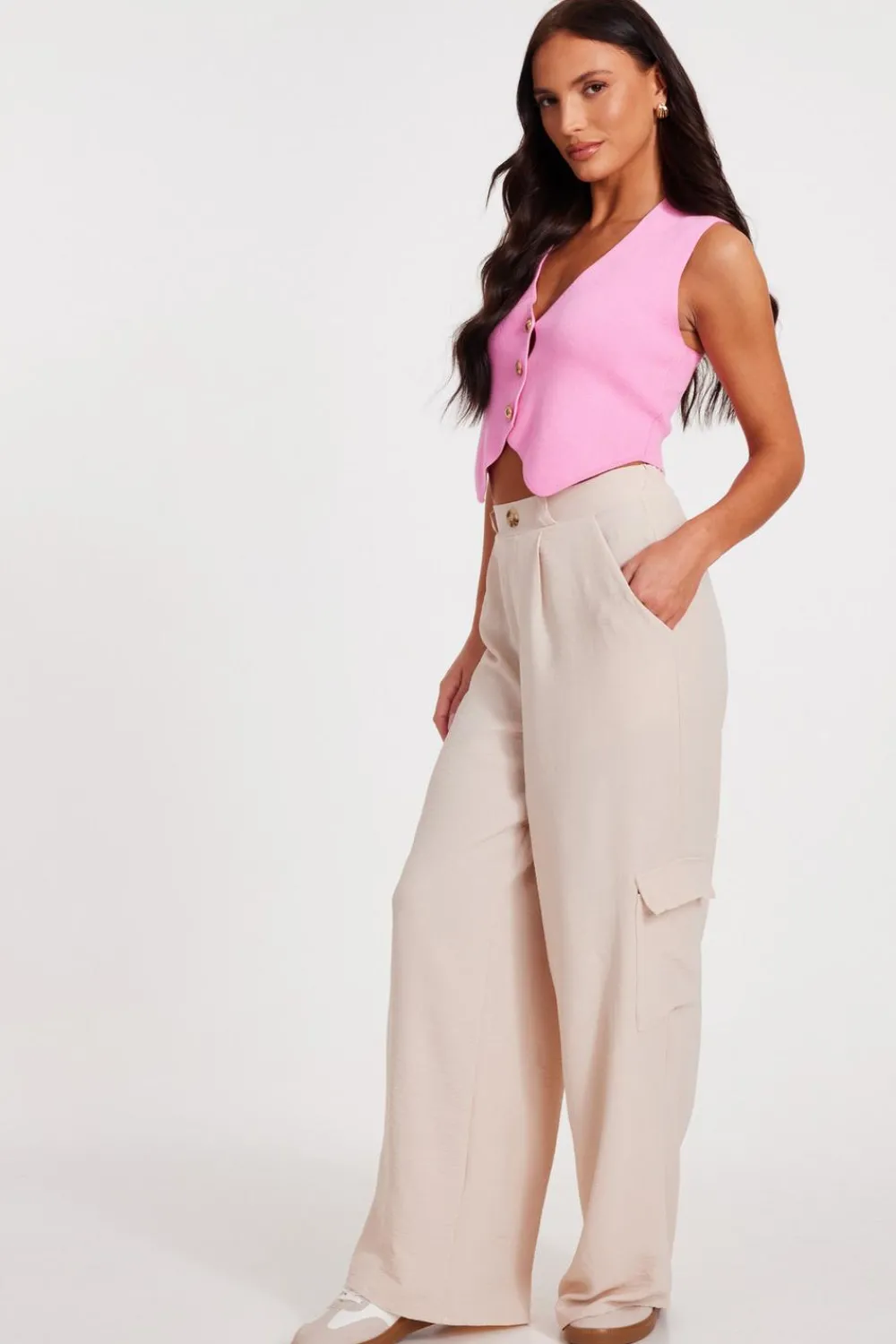 Quiz Workwear|Trousers>Stone Wide Leg Trousers