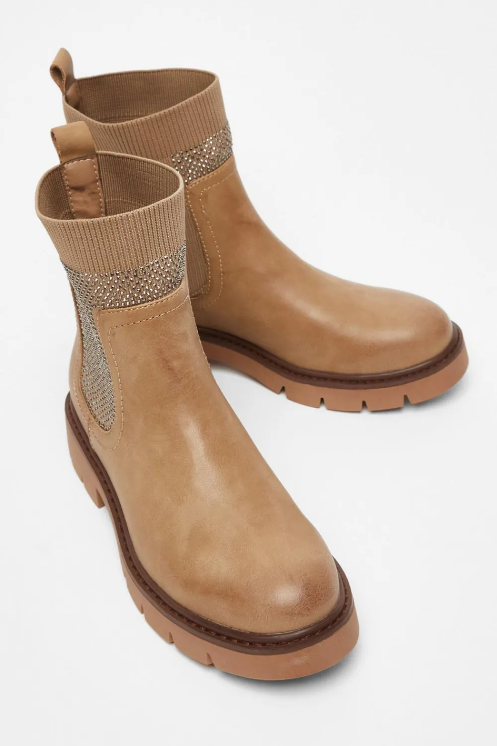 Quiz Boots>Taupe Embellished Chunky Ankle Boots