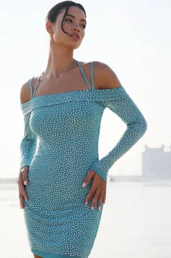 Quiz Mini Dresses|Going Out Dresses>Teal Rhinestone Bodycon Mini Dress