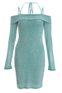 Quiz Mini Dresses|Going Out Dresses>Teal Rhinestone Bodycon Mini Dress