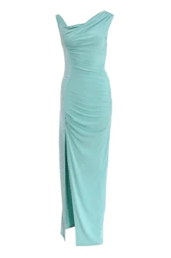 Quiz Evening Dresses|Prom Dresses>Teal Rhinestone Ruched One Shoulder Maxi Dress