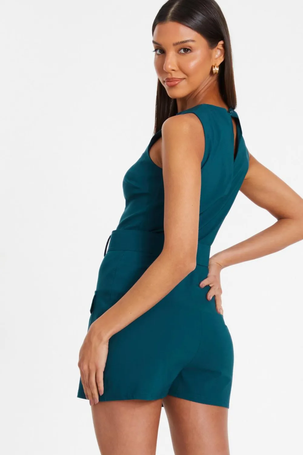 Quiz Playsuits|Summer Clothes>Teal Round Neck Skort Playsuit