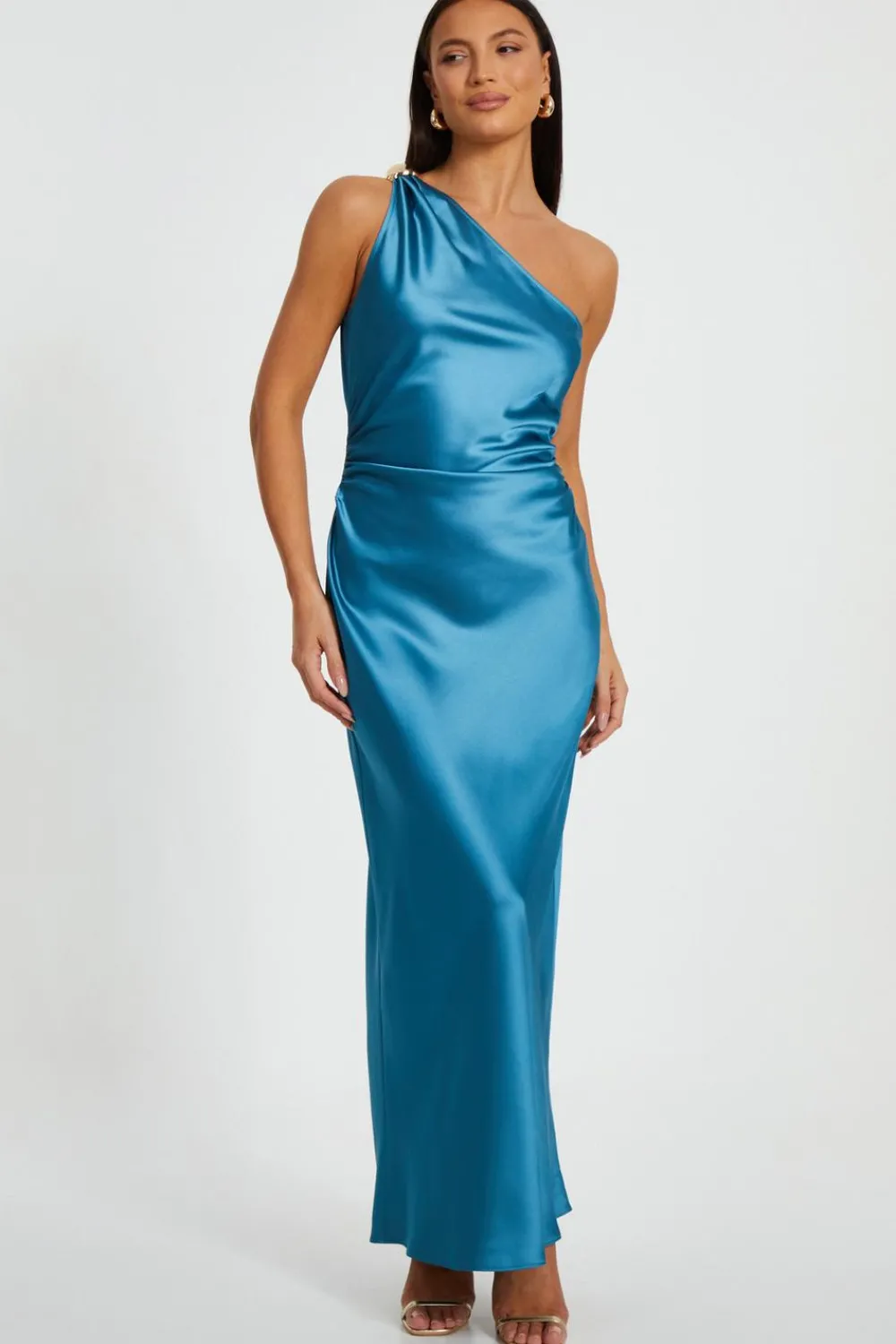Quiz Evening Dresses|Day At The Races>Teal Satin One Shoulder Midaxi Dress