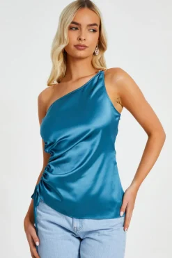 Quiz Summer Tops|Going Out Tops>Teal Satin One Shoulder Top