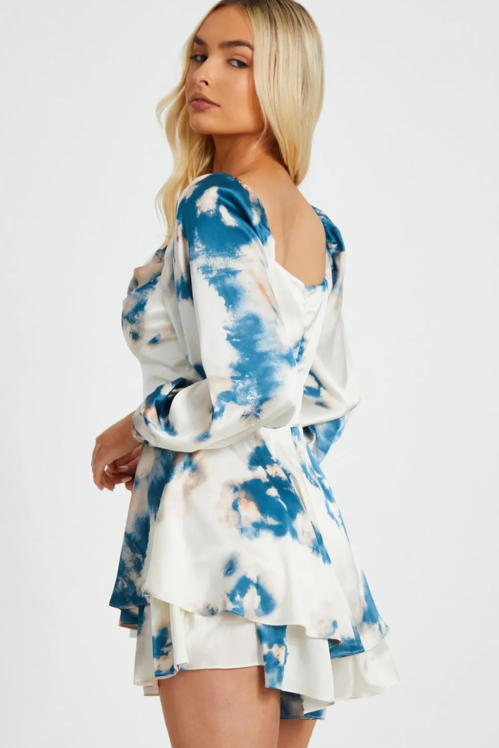 Quiz Playsuits|Summer Clothes>Teal Smudge Satin Playsuit