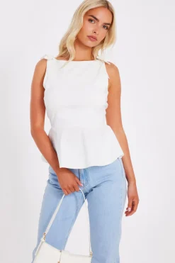 Quiz Summer Tops|Going Out Tops>White Bow Shoulder Peplum Top