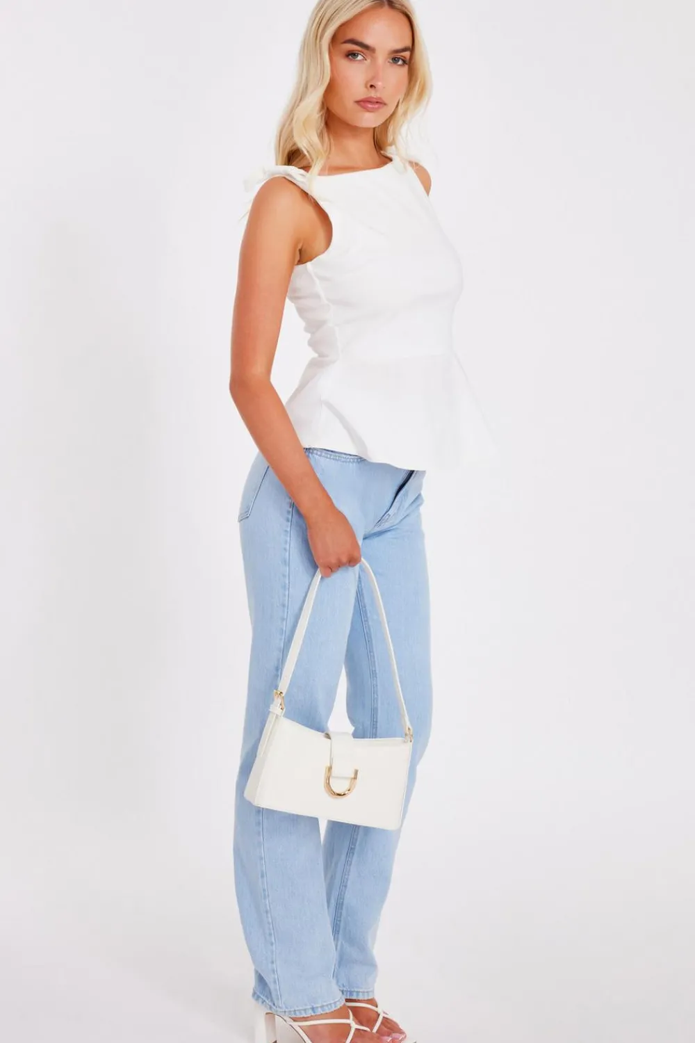 Quiz Summer Tops|Going Out Tops>White Bow Shoulder Peplum Top
