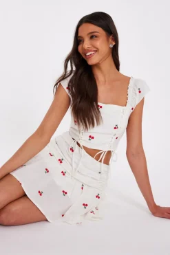 Quiz Summer Clothes|Skirts>White Cherry Print Mini Skirt