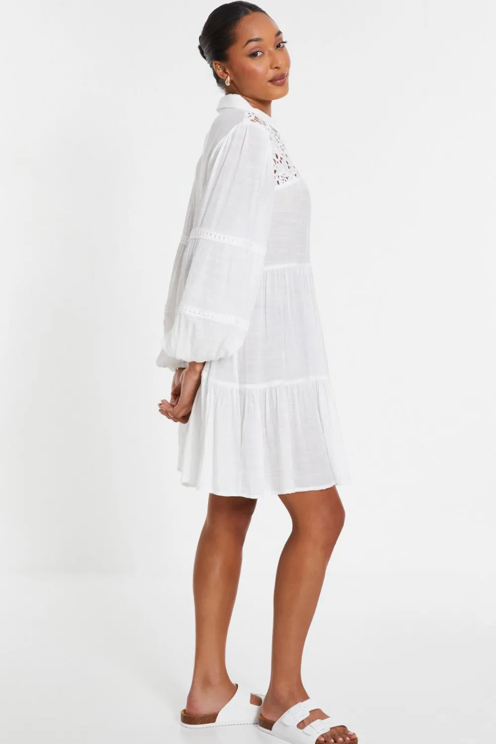 Quiz Summer Clothes|Holiday>White Crochet Mini Shirt Dress