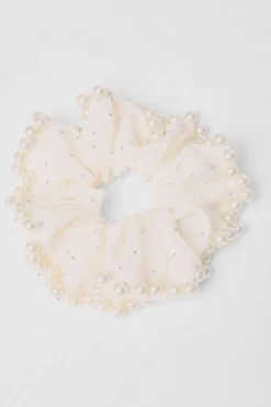Quiz Holiday Accessories|Hair Accessories>White Embellished Trim Scrunchie