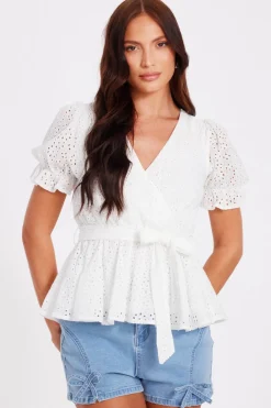 Quiz Summer Tops|Day Tops>White Embroidered Peplum Top