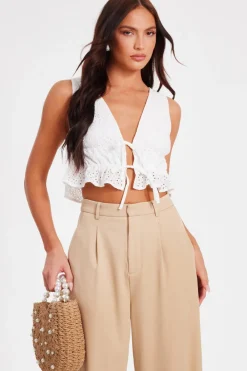 Quiz Summer Tops|Day Tops>White Embroidered Tie Front Top