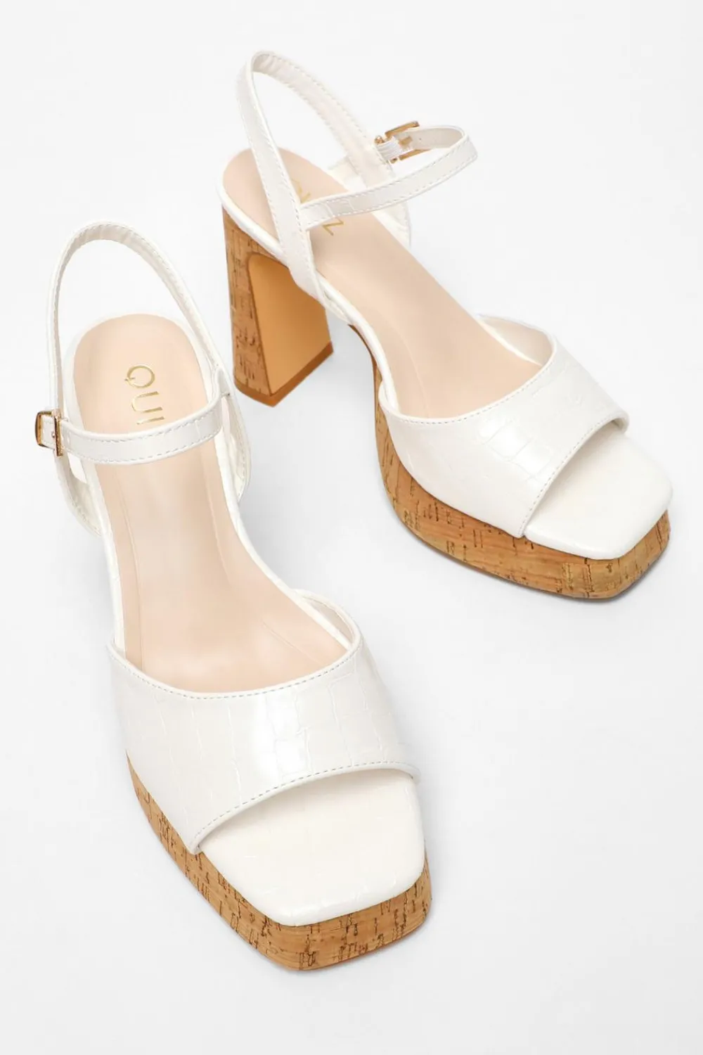 Quiz Holiday Shoes|Heels>White Faux Leather Cork Platform Heeled Sandals