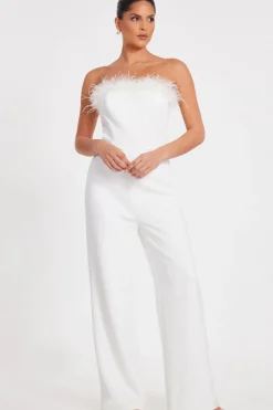Quiz Occasion Jumpsuits|Going Out Jumpsuits>White Feather Trim Jumpsuit