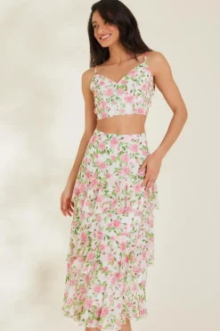 Quiz Summer Tops|Crop Tops>White Floral Chiffon Crop Top