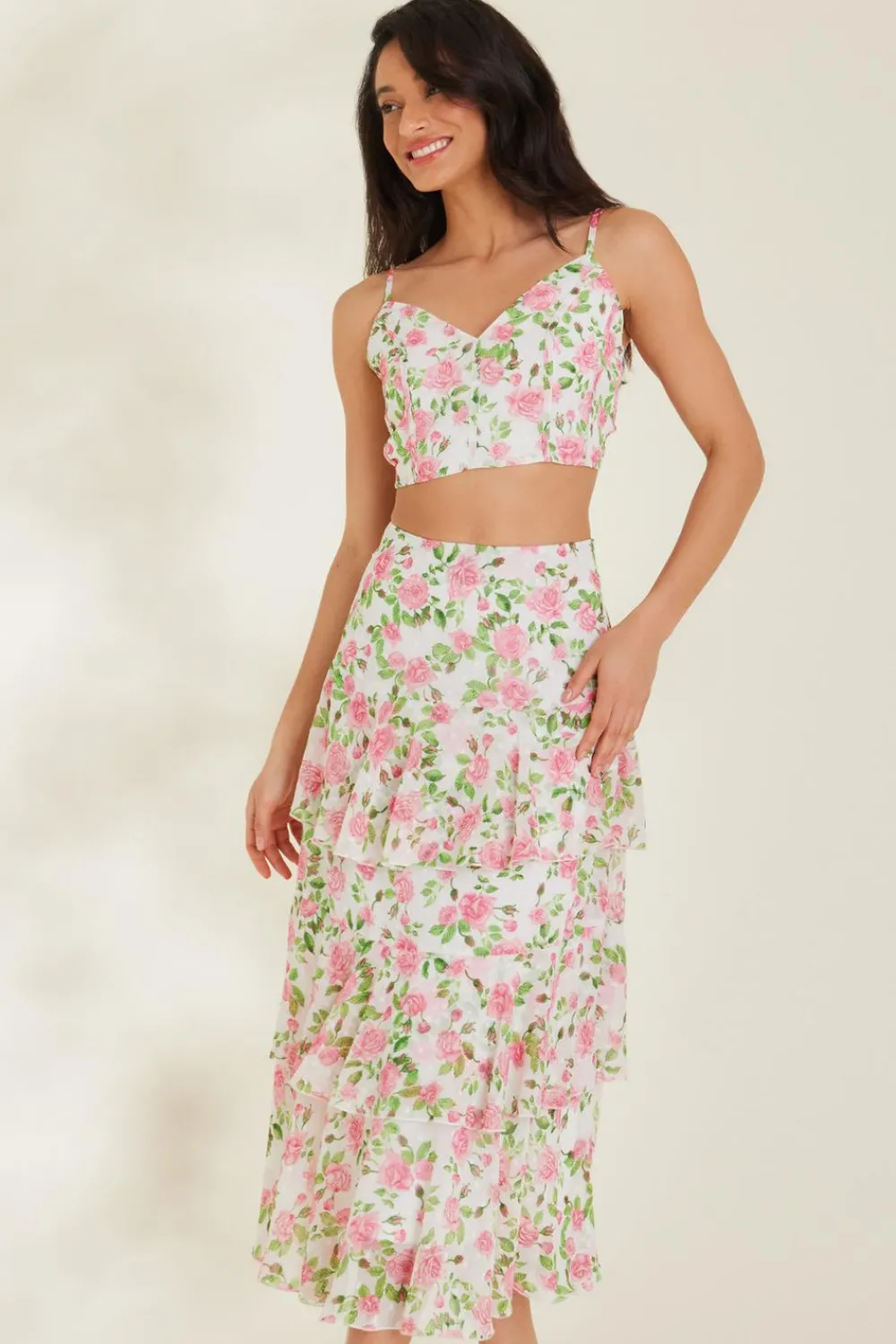 Quiz Summer Tops|Crop Tops>White Floral Chiffon Crop Top