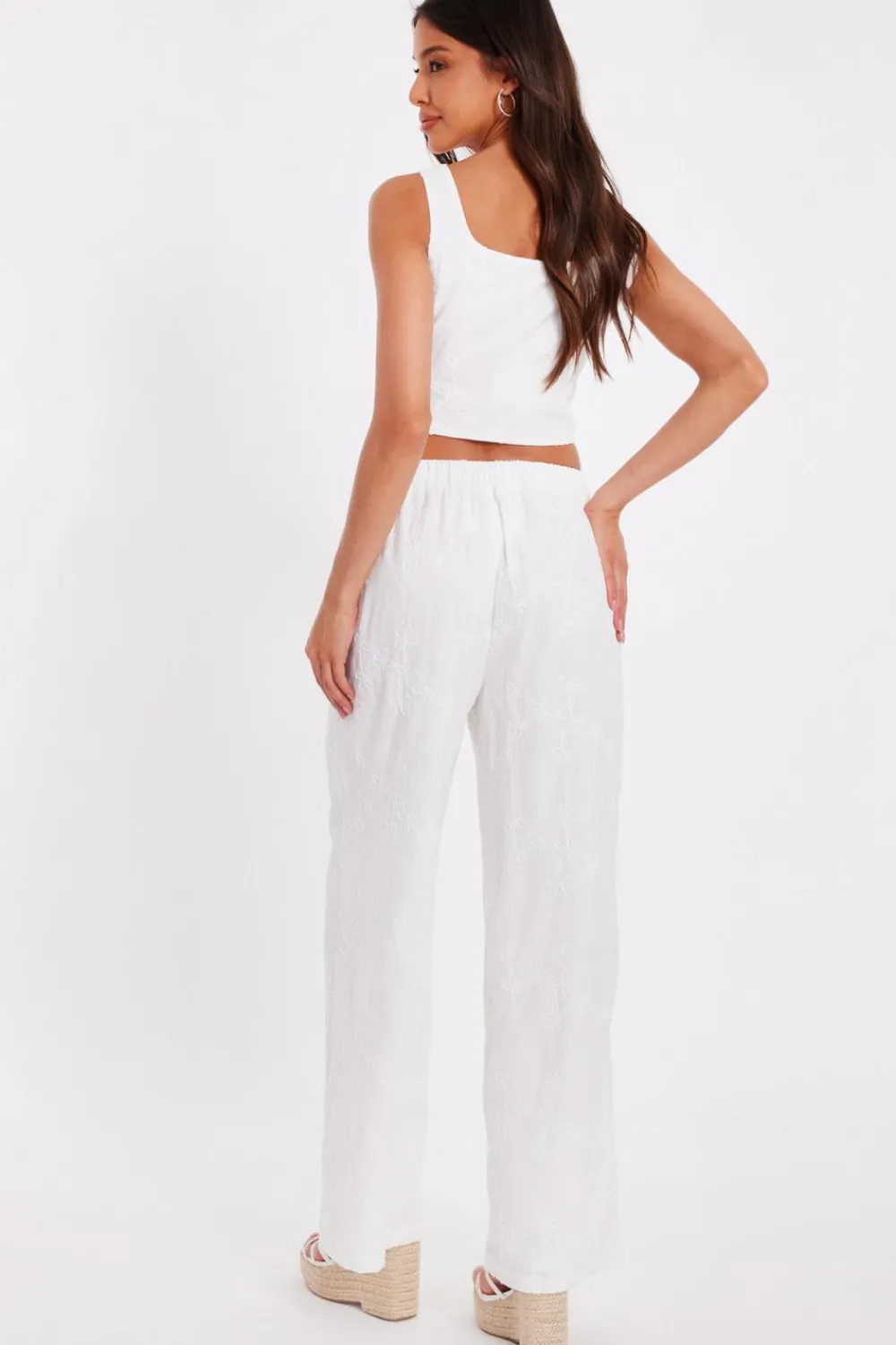 Quiz Trousers|Summer Clothes>White Floral Embroidered Palazzo Trousers