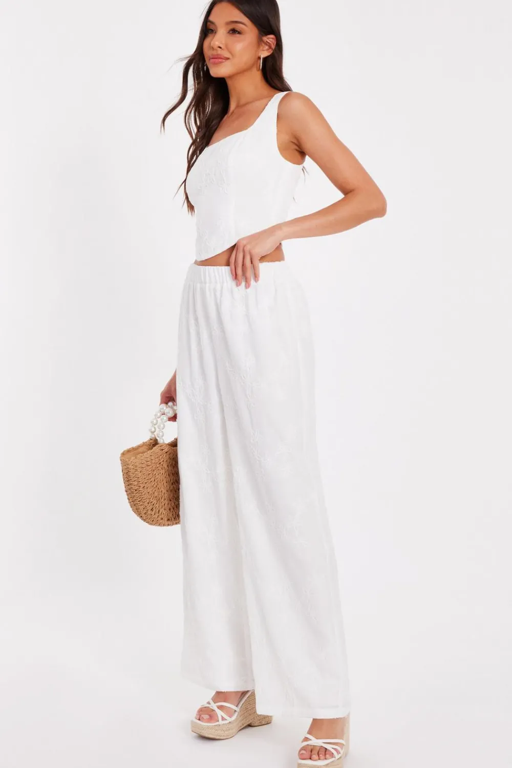 Quiz Trousers|Summer Clothes>White Floral Embroidered Palazzo Trousers