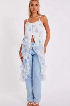 Quiz Summer Tops|Day Tops>White Floral Long Ruffle Top
