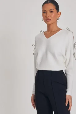 Quiz Knitwear|Jumpers>White Knitted Diamante Bow Jumper