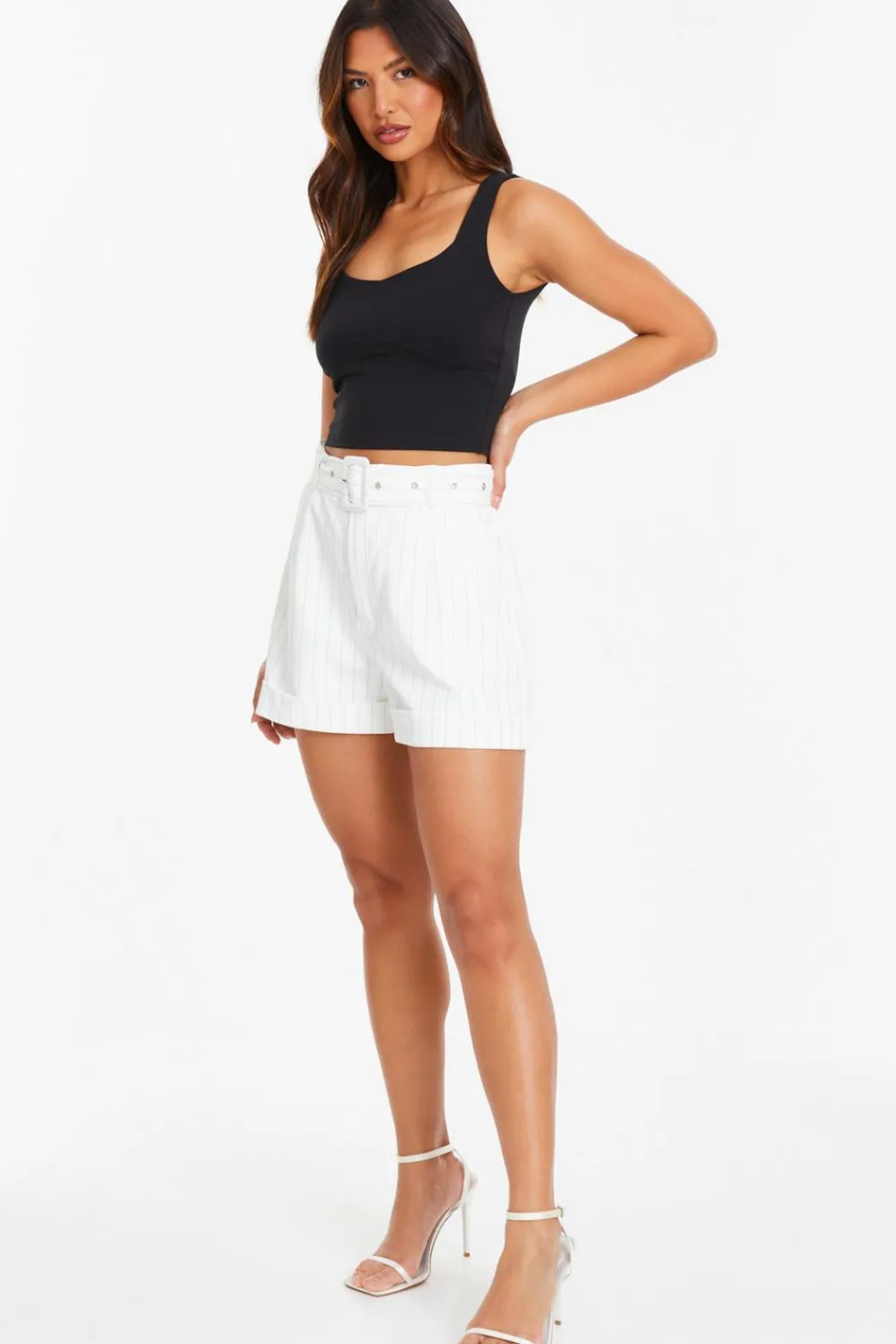 Quiz Shorts|Co-Ords>White Pinstripe Tailored Shorts