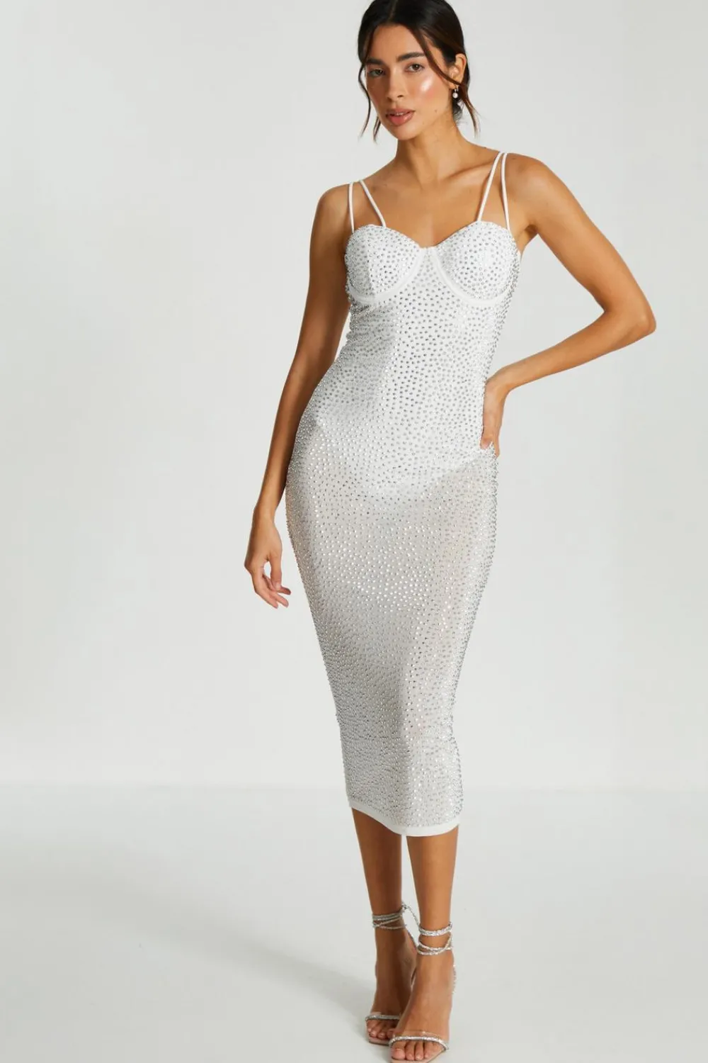 Quiz White Dresses|Summer Dresses>Rhinestone Bodycon Midi Dress