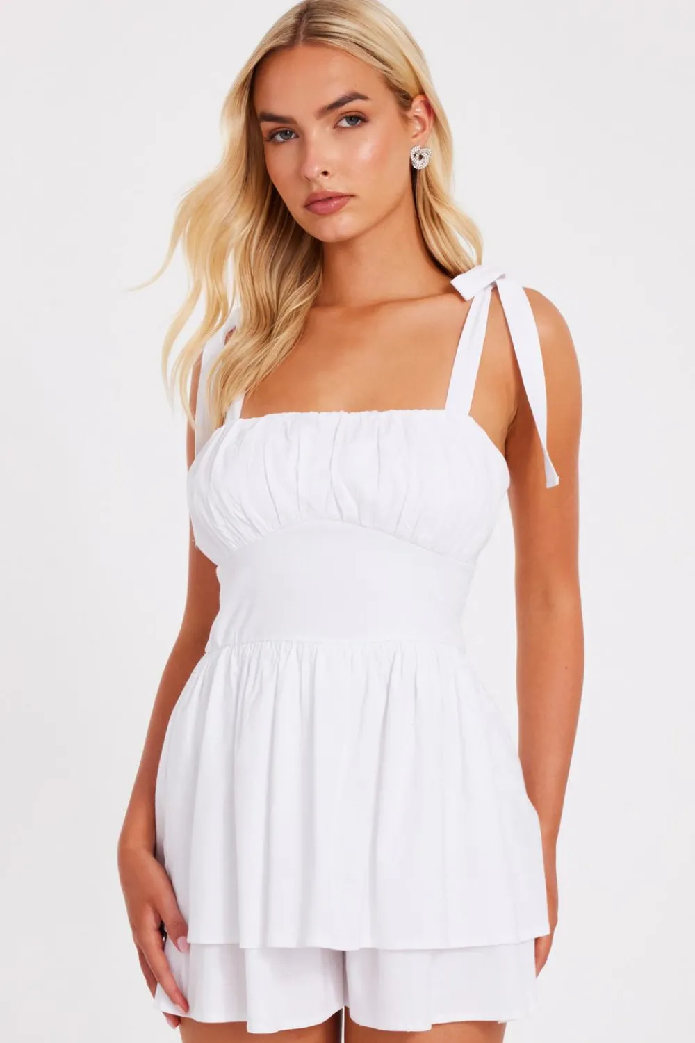 Quiz Playsuits|Summer Clothes>White Tie Shoulder Ruched Playsuit