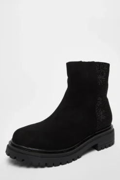 Quiz Wide Fit|Flats>Wide Fit Black Diamante Faux Suede Ankle Boots